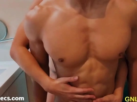 Muscular Asian man pleasuring himself and teasing his nipples.