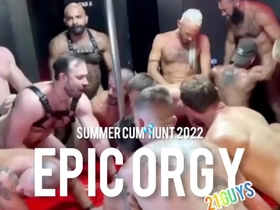 A huge and wild gay orgy with 21 men without condoms