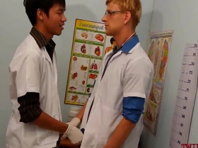 Skinny twinks in uniform have a three woman experience with an Asian patient.
