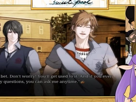 Steamy pool scene in Yaoi porn game with a sexy voice actress