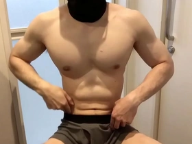 Muscle hunk masturbates his big cock several times until he cums.