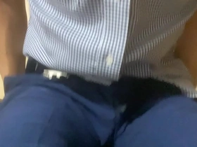 After getting back from work, I pleasure myself while playing with my nipples in a suit.