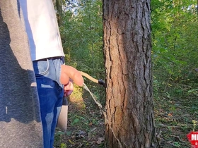 A big cock piss scene in the woods with a hentai ending.