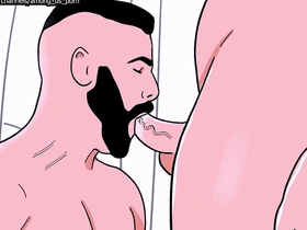 A bearded straight man gives oral sex to a male bottom and then the bottom reciprocates by giving oral sex to the straight man in an animated adult film.