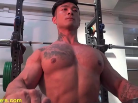 Asian muscle hunk shows off his well-toned body and nipple play