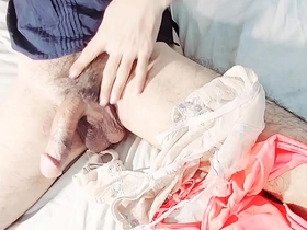This Halloween I had my wife give me a special massage with her panties and bra on my erection.