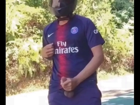 Solo pleasure of a gay Asian in his skin-tight uniform