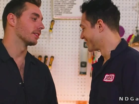 Gay co-workers have anal sex at a gas station.
