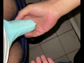 Public toilet handjob leads to Asian cum explosion